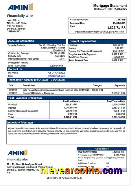 Iran Amin Investment Bank mortgage statement Word and PDF template